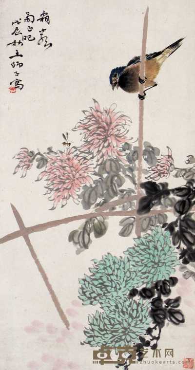 王伟 戊辰（1928年）作 花鸟 立轴 55×29cm